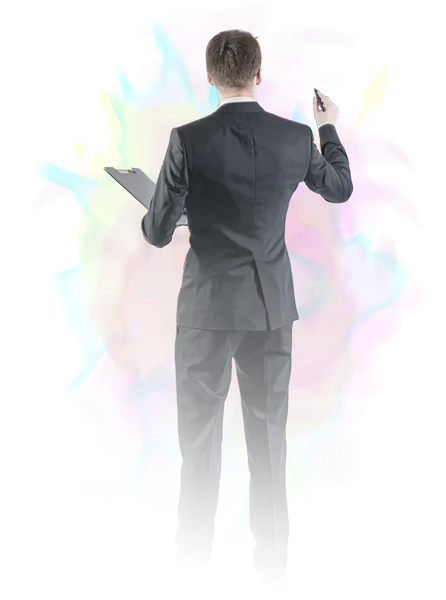 Man in suit with clipboard writing on whiteboard